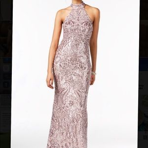 Betsy & Adam Placed-Sequins Halter Gown